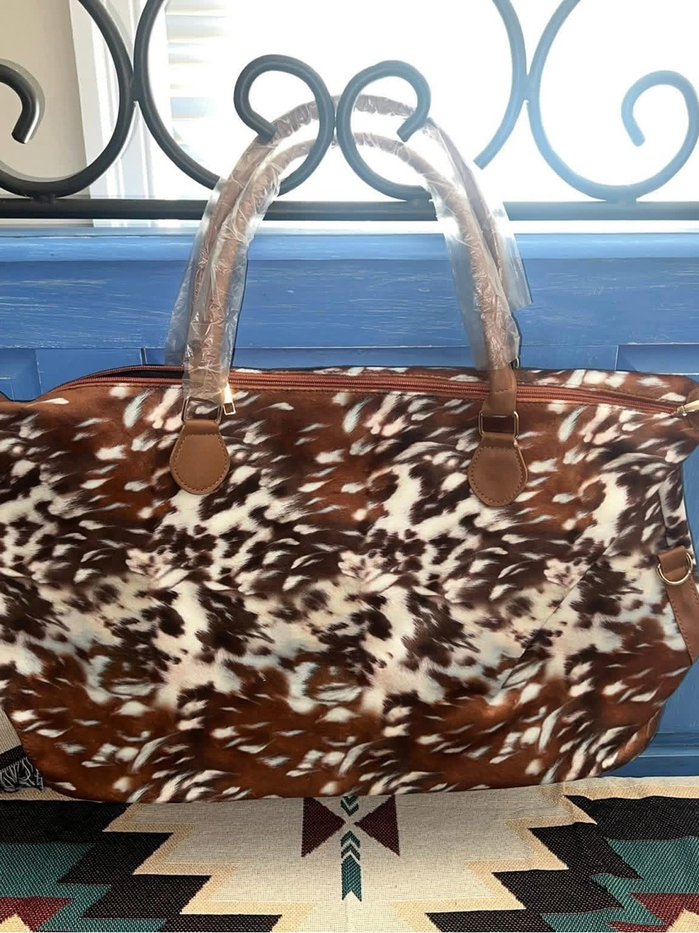 Brown and White Patterned Tote with Tan Handles